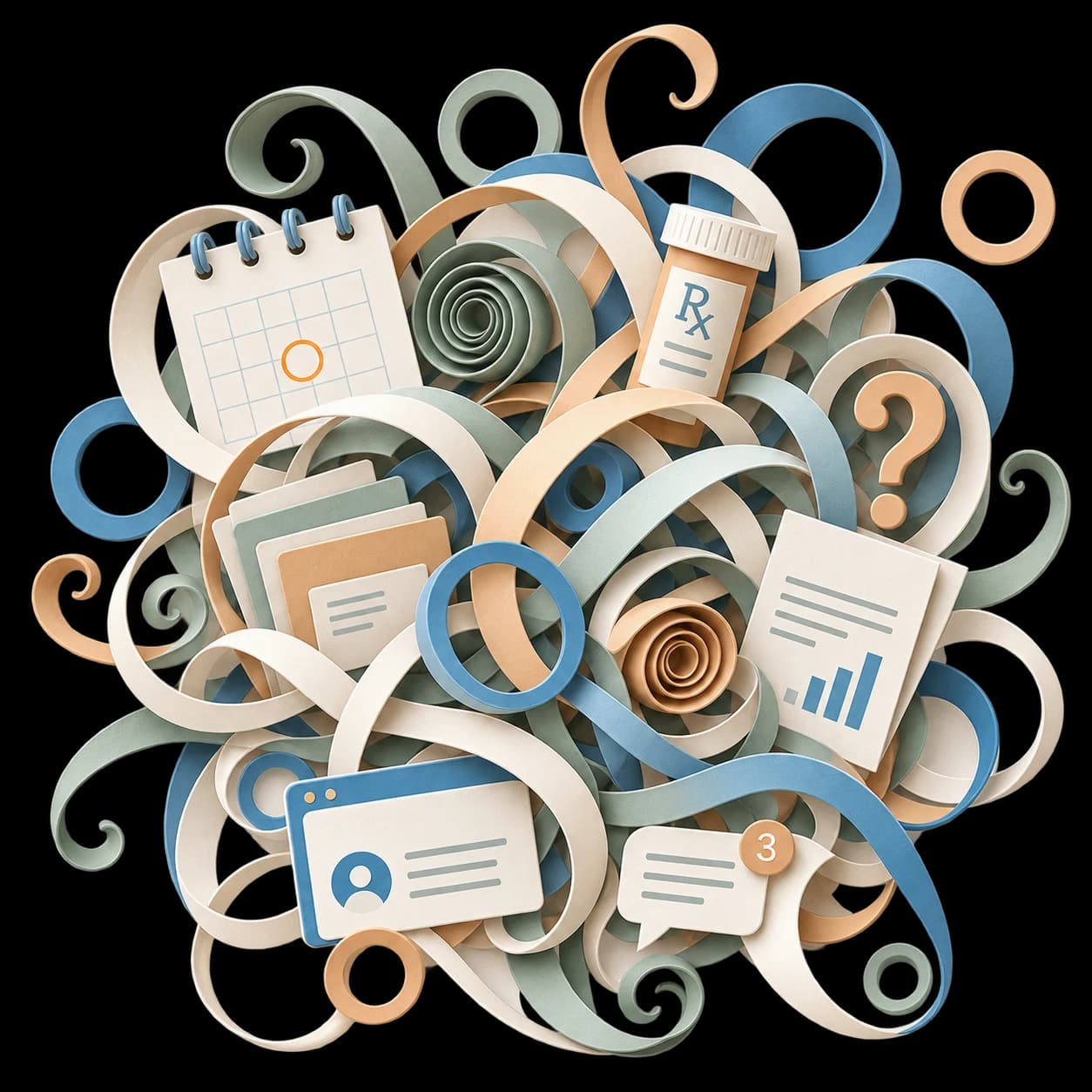 Interwoven paper curls surround appointments, a prescription, records, lab work, a patient portal, and messages: the many things families and caregivers are keeping track of.