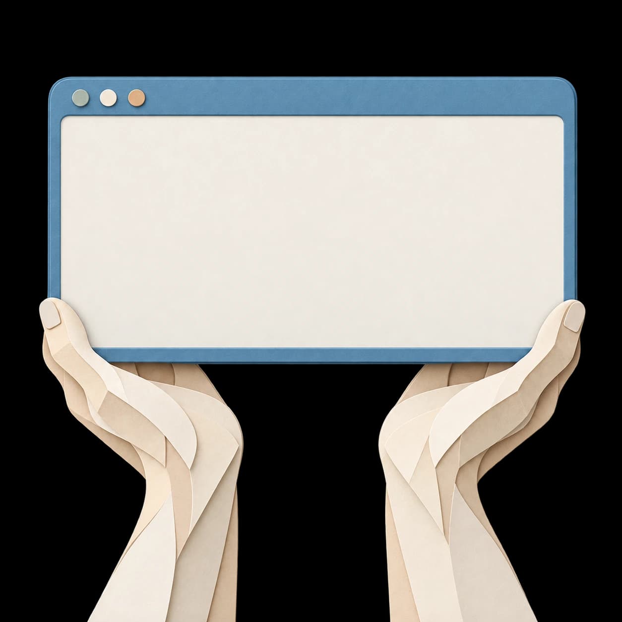 Layered paper hands offer a digital reference window.
