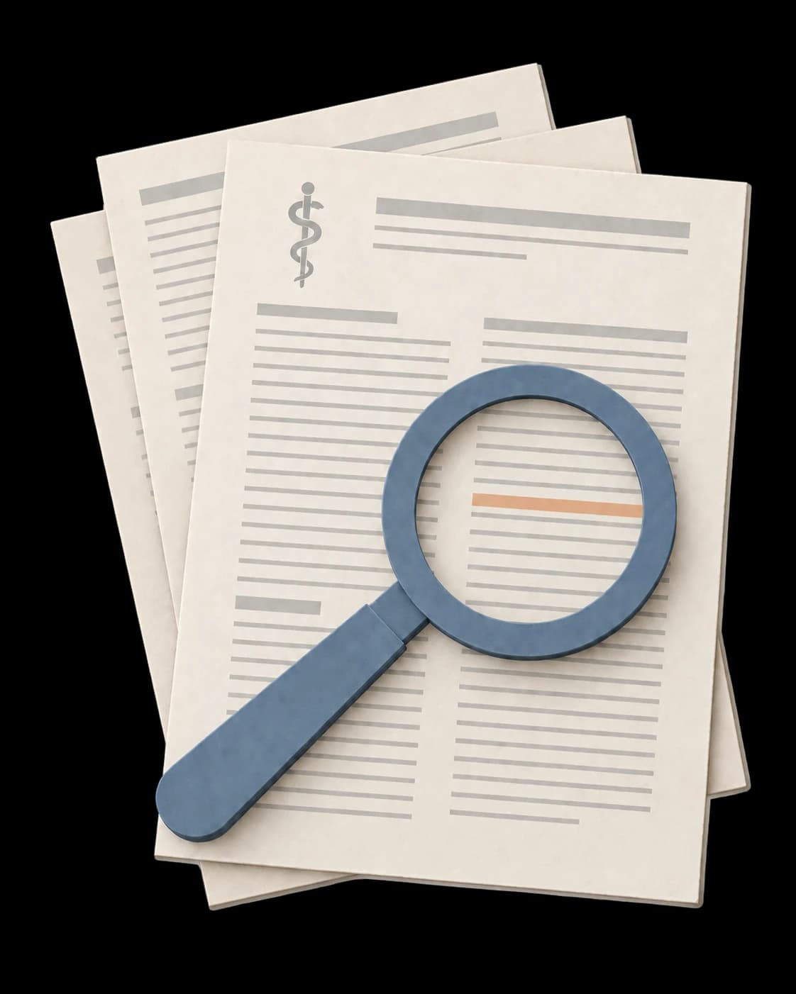 Tall cream research papers bearing a single-snake Staff of Asclepius emblem, a highlighted passage beneath a matte blue paper magnifier.