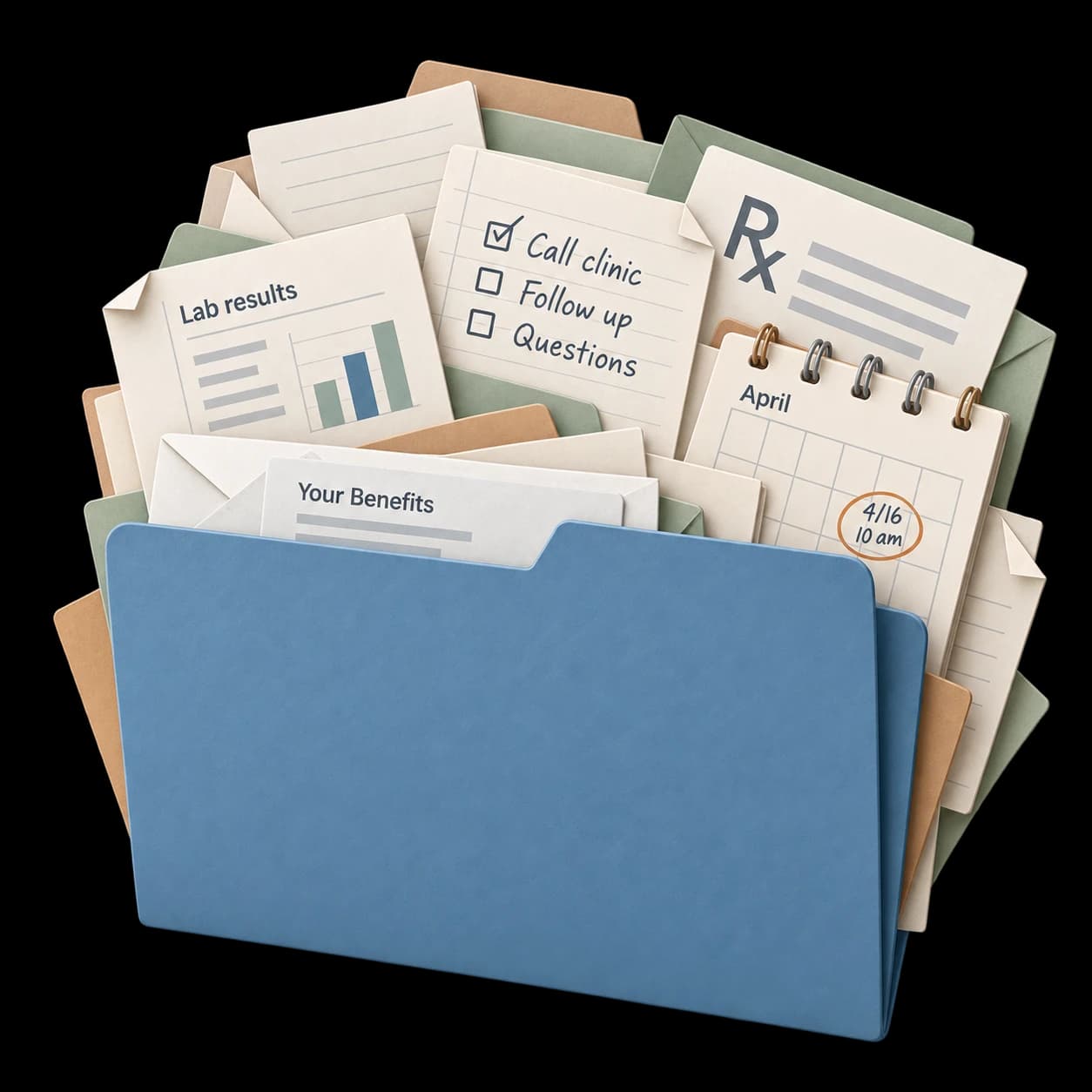 An overstuffed matte blue folder with a plain front, holding unevenly piled notes, lab results, an appointment calendar, benefits papers and a prescription sheet.